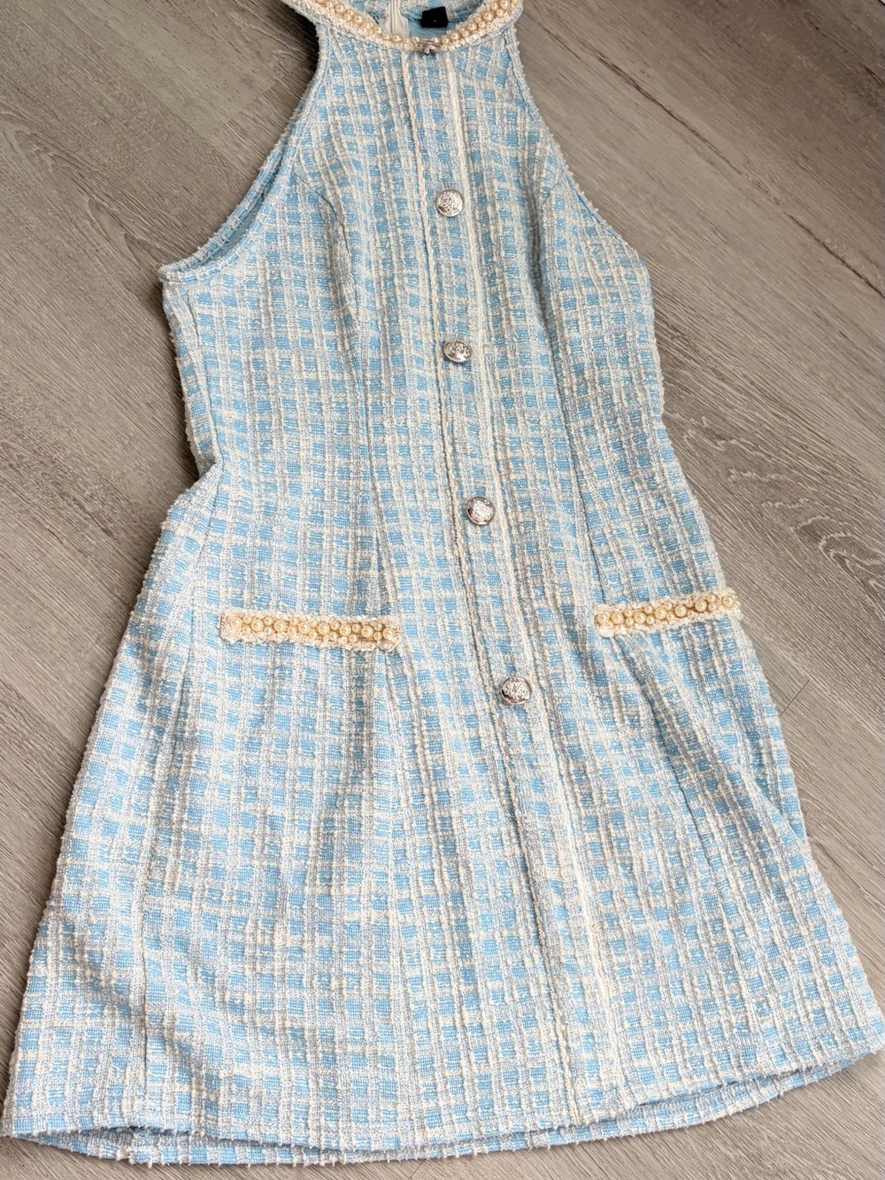 Light Blue Tweed Halter Mini Dress with Pearl Trim